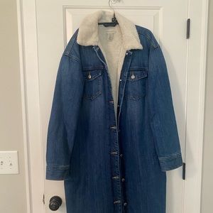 Denim Trench Coat with Shearling Collar